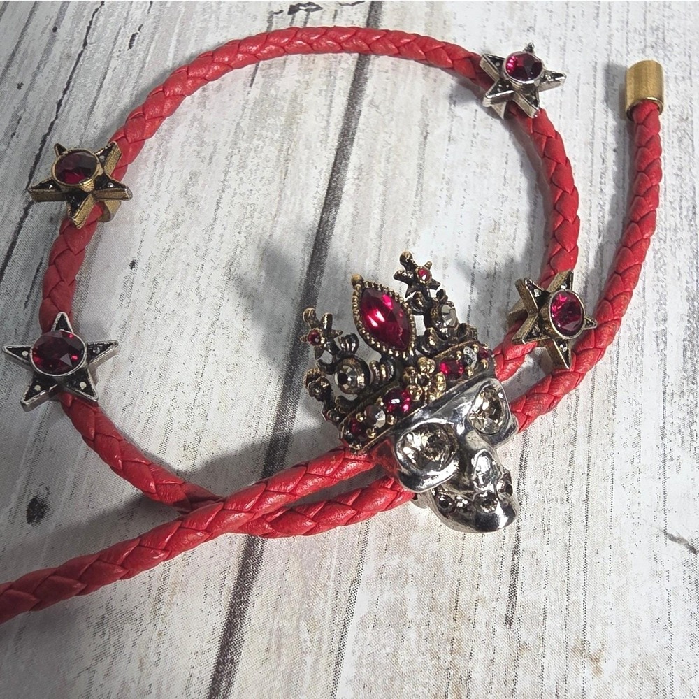 Alexander McQueen Red Braided Leather Skull Crown Star Wrap Bracelet Made Italy - Picture 5 of 11